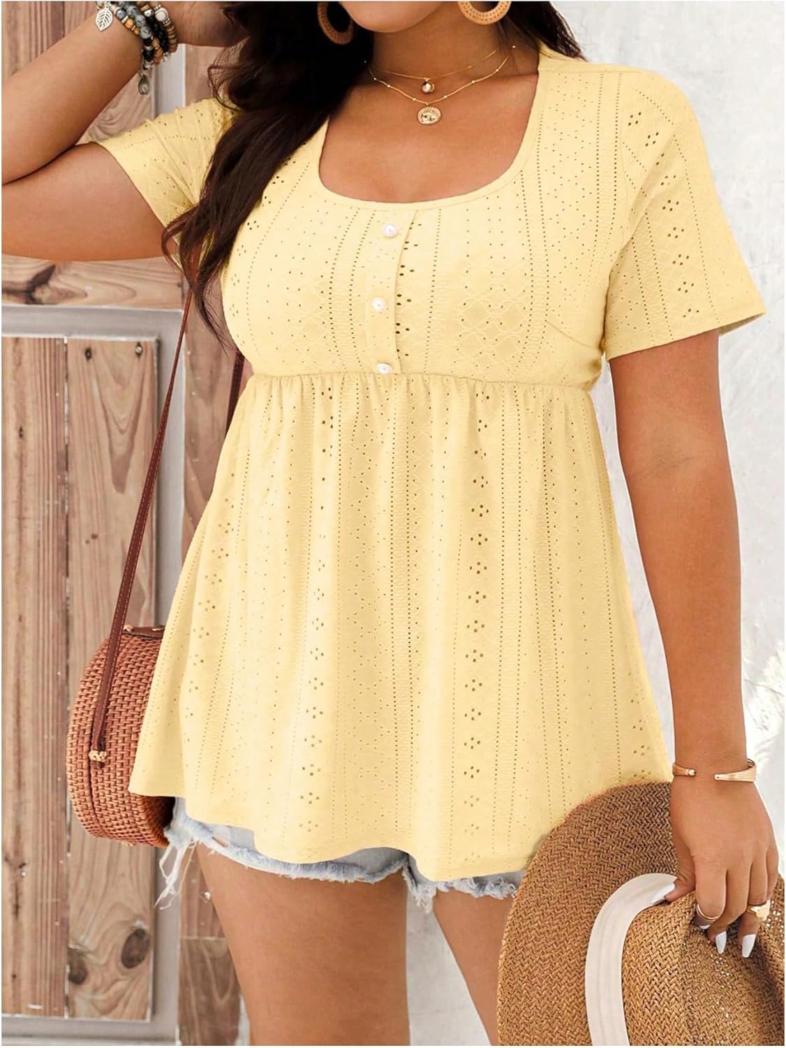 SOLY HUX Women's Plus Size Peplum Tops Eyelet Embroidery Summer Scoop Neck Short Sleeve T Shirts - Image 3