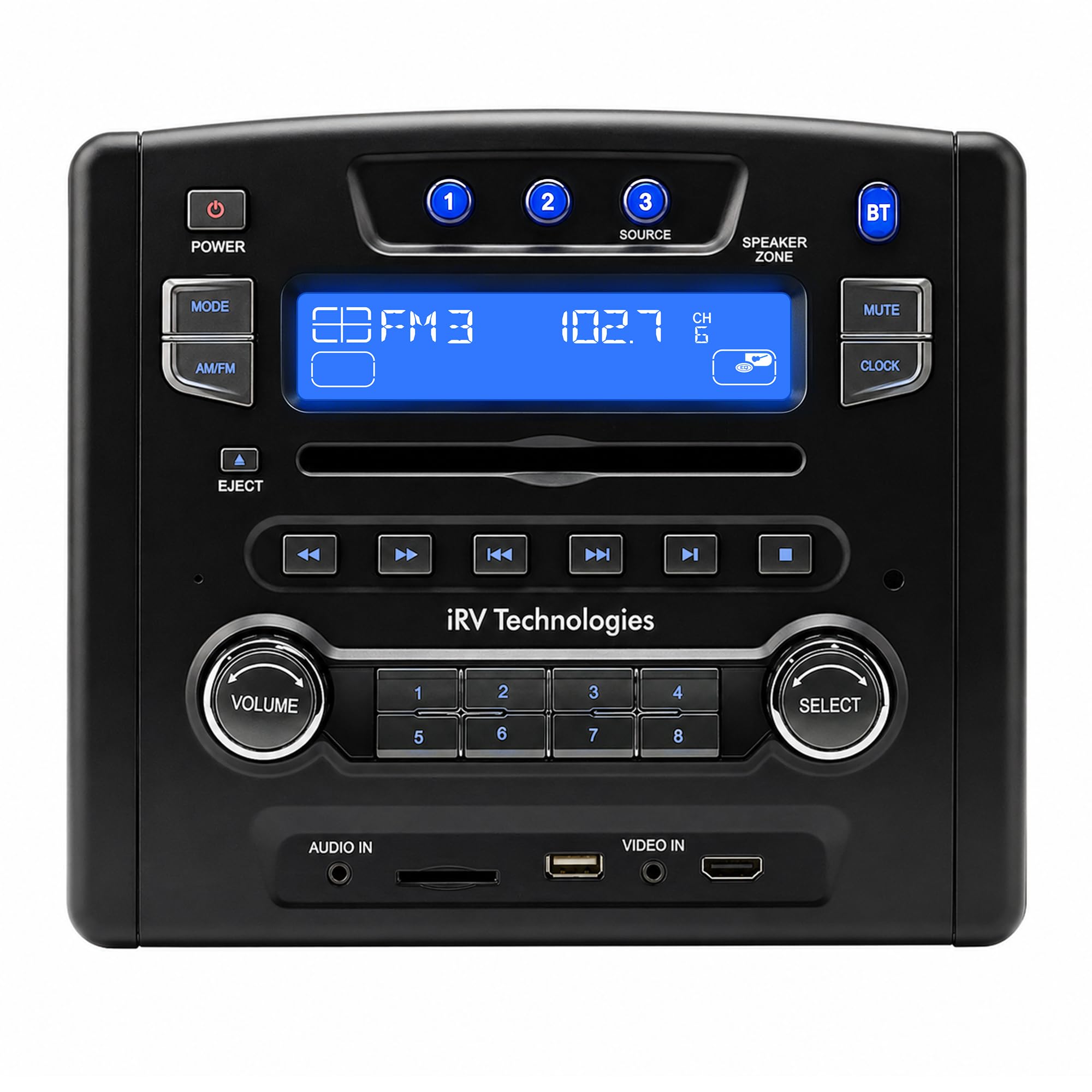 iRV Technology iRV34 AM/FM/CD/DVD/MP3/MP4/USB/SD/HDMI/Digital2.1/Surround Sound/Bluetooth 3-strefowy uchwyt ścienny RV Radio stereo