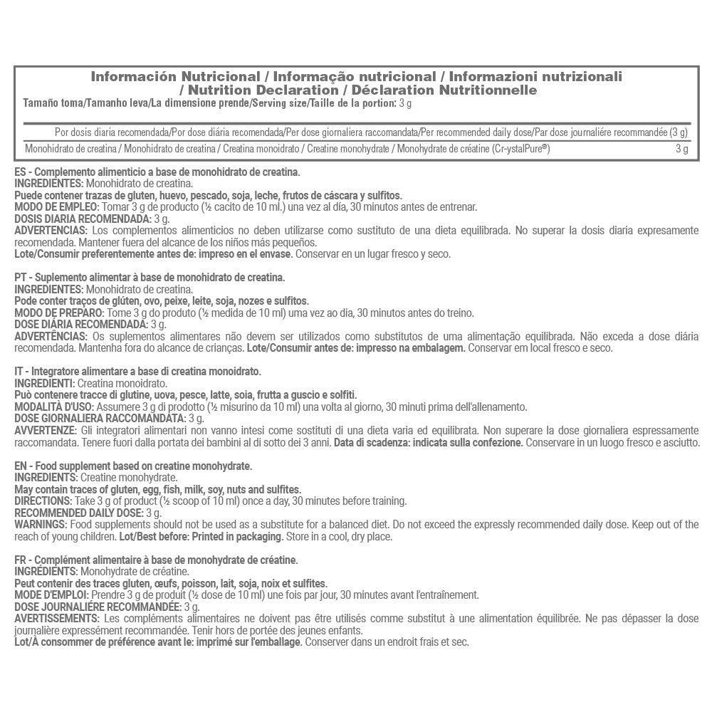 MASMUSCULO - Creatina Premium Cr-ystalpure® - 450g - 99.99% Creatina Monohidrato Neutra - Creatina Pura - Aumento Masa Muscular - Mayor Resistencia y Rendimiento