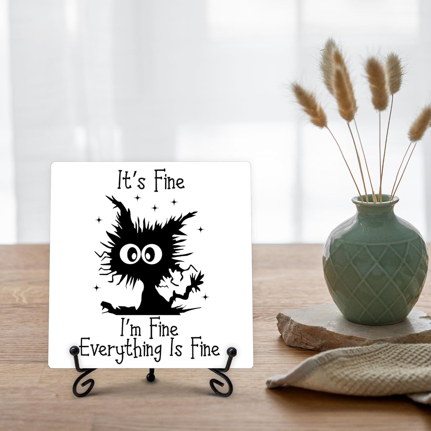 Cat Lover Gifts for Women Men, Funny Black Cat Desk Accessories, It's Fine I'm Fine Everything is Fine Wooden Sign with Stand, Cute Office Gifts for Boss Coworkers Friends, 5"x5"-C21 - Image 3
