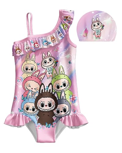 Difforever Girls Swimsuit One Piece Cute Monster Bathing Suit for 5-12 Years Kids Beach Swimwear - Deeppink - 7-8 Years