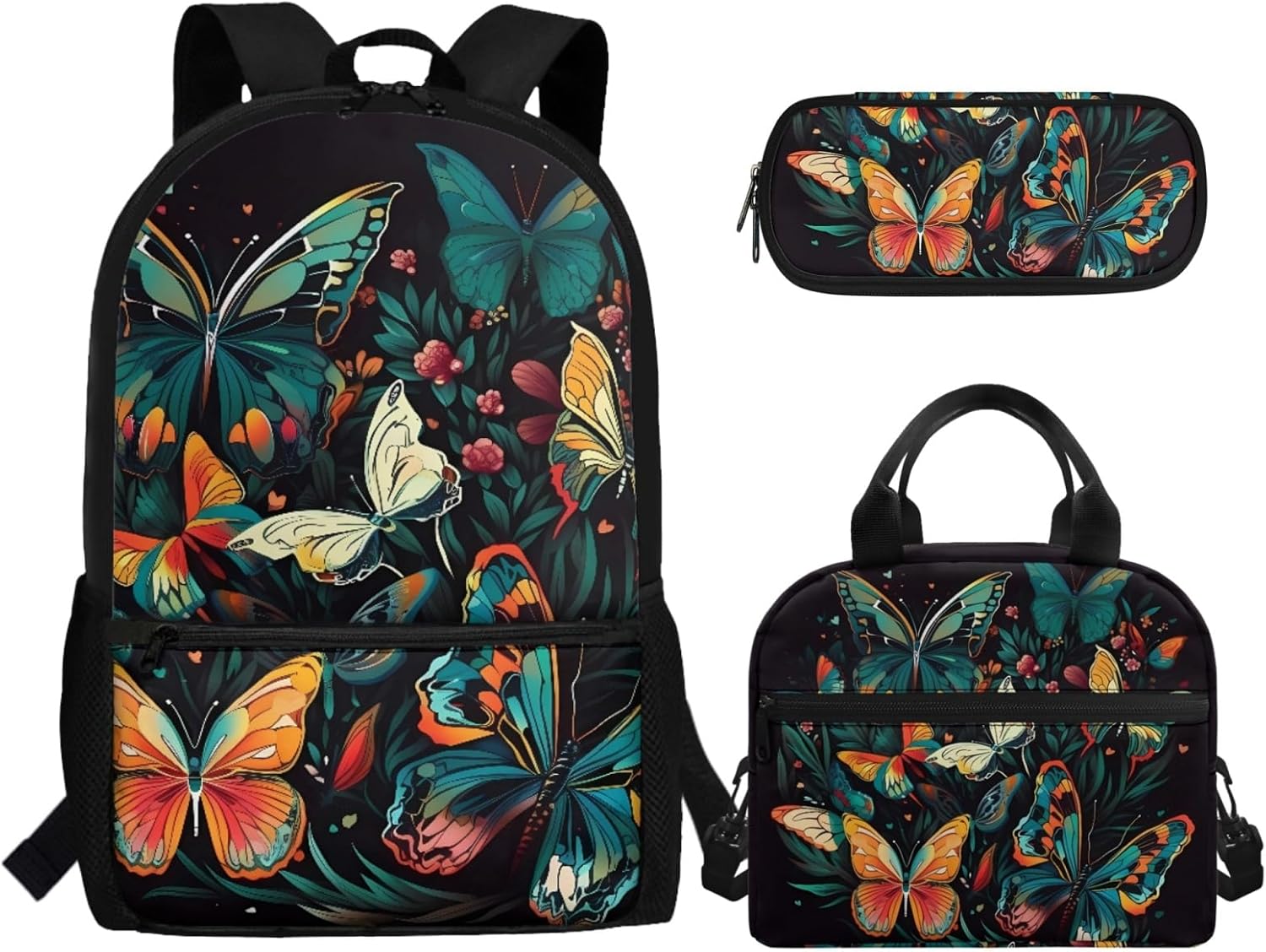 Hummingbird Flower 17 Inch Backpack Set School Bag with Insulated Lunch Portable Bag Pencil Holder Organizer 3 Piece for Children Boys Girls Teens Schoolbag Knapsack