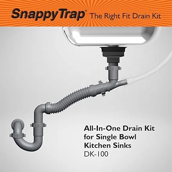 Snappy Trap Single Kitchen Sink Drain Kit, 1-1/2 with Flexible P-Trap, All-in-One Drain Kit for Single Bowl Kitchen Sinks, Universal Compatibility, No-Tool Easy Installation (DK-100 Silver)