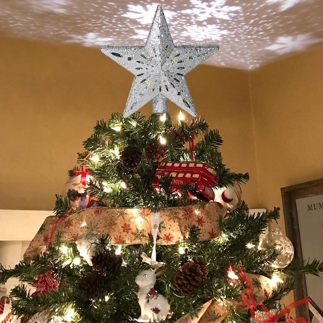 YZHI Christmas Tree Topper Projector Lighted Ornaments Snowflake Lights 3D Star Xmas Tree Decoration (Silver)