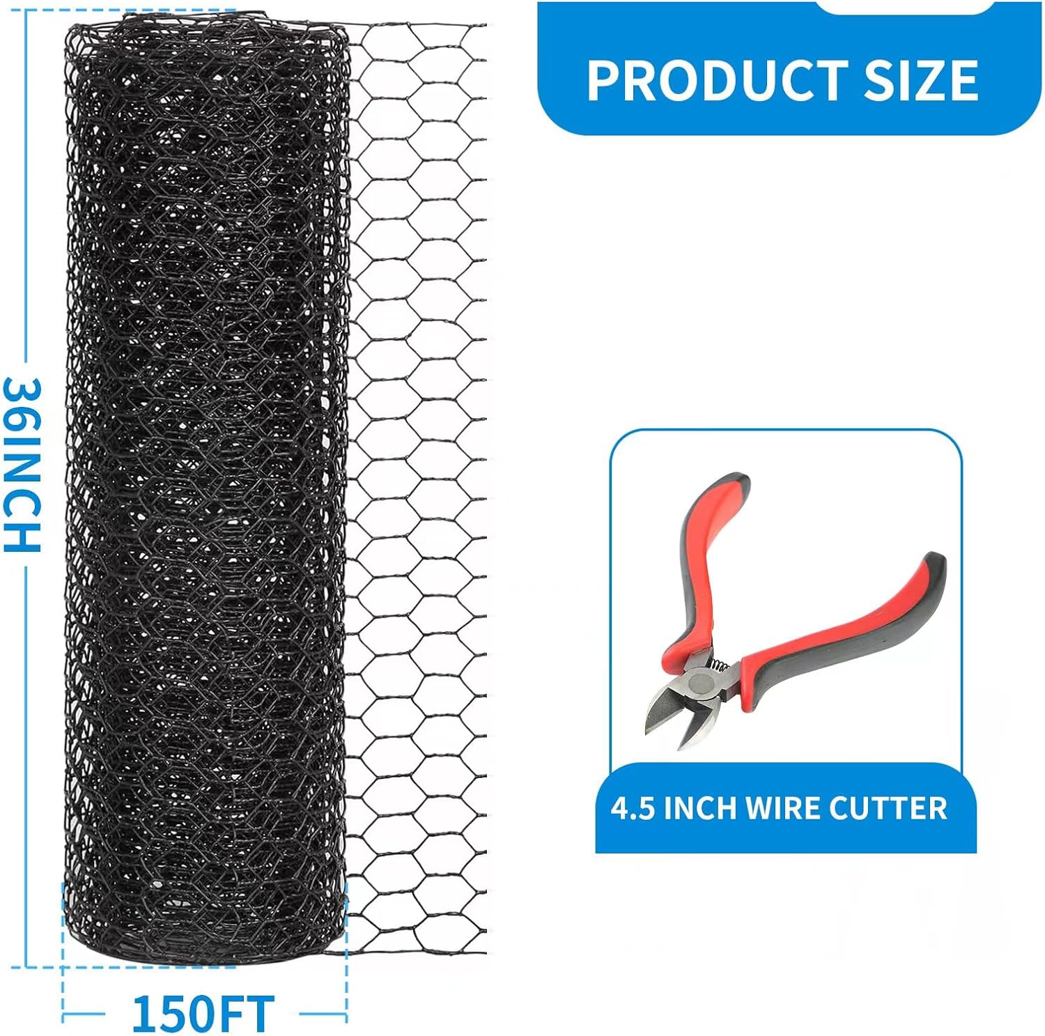 36'' x 150' black chicken wire mesh fence, 19 gauge galvanized poultry netting and 1 inch garden mesh fence roll, chicken wire for floral arrangements/crafts/farm/livestock/pet protection 19 gauge 36'' x 150'