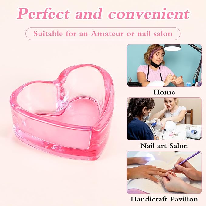 Ouligay Dappen Dish for Monomer, 2pcs Heart-Shaped Dampen Dish for Nails, Glass Monomer Dish, Crystal Monomer Cup for Acrylic Liquid, Nail Art Tools, Pink miniatura 6