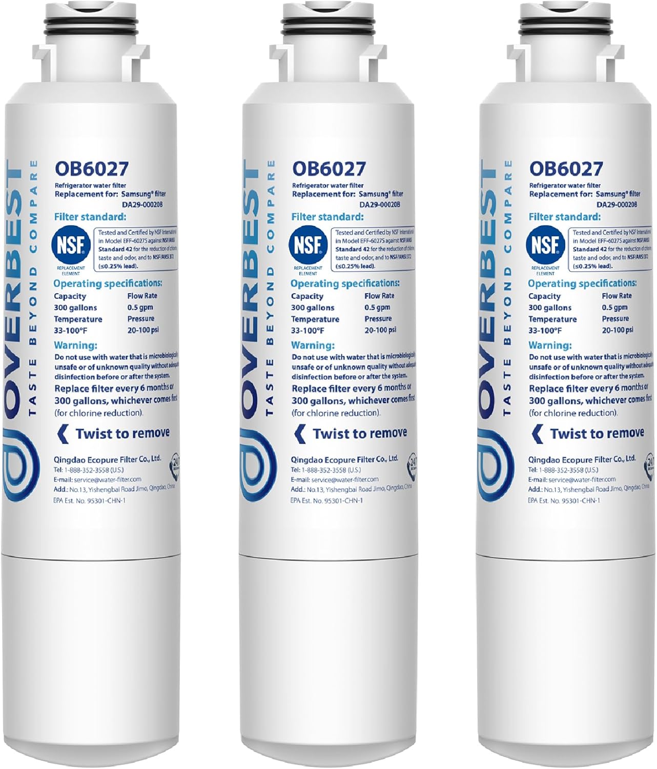 Overbest DA29-00020B Refrigerator Water Filter, Replacement for Samsung HAF-CIN, 46-9101, RF28HMEDBSR, RF4287HARS, RF263TEAESG, RH22H9010SR, 3 Filters
