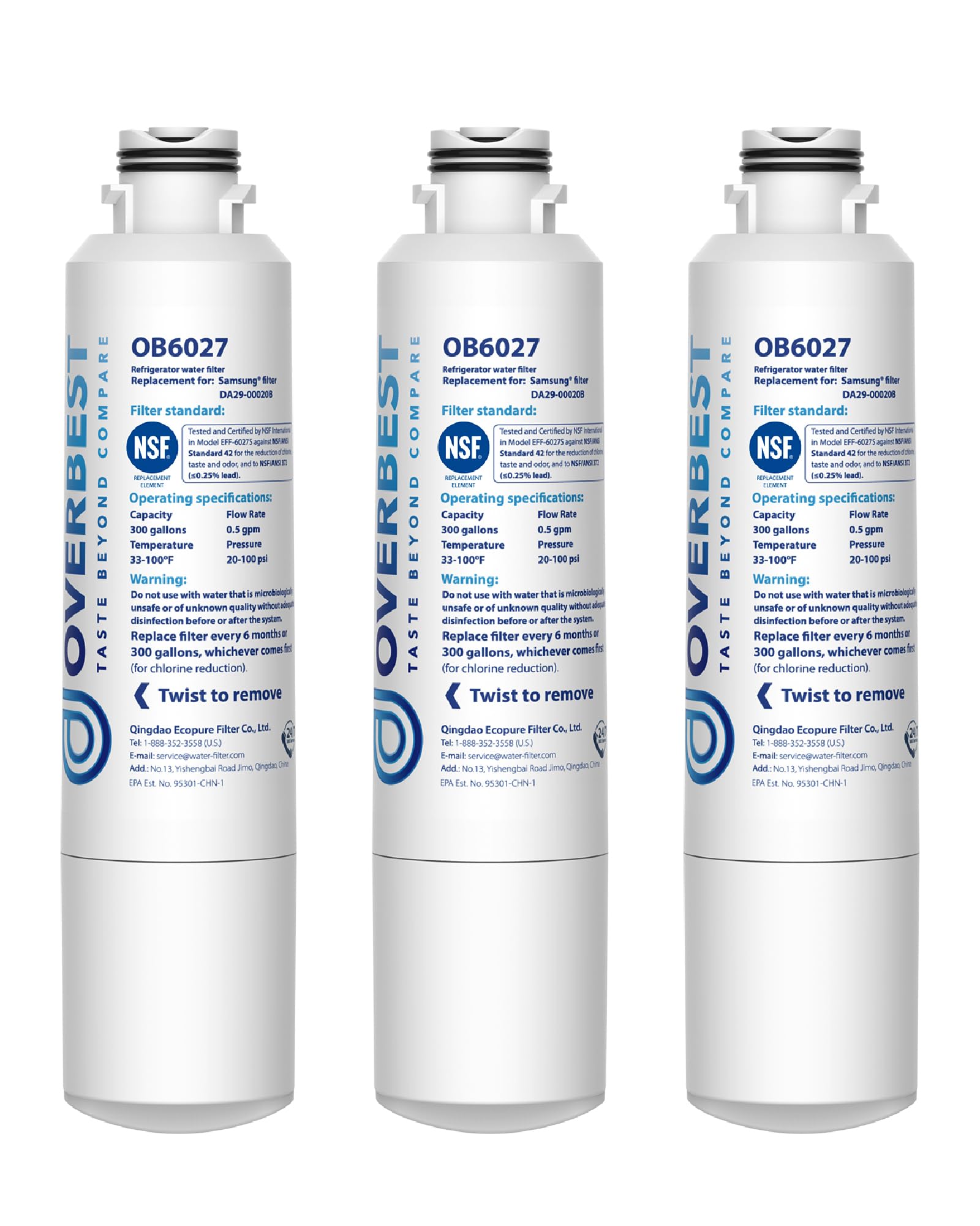 Overbest OB6027 Refrigerator Water Filter, Replacement for Samsung DA29-00020B, HAF-CIN, 46-9101, RF28HMEDBSR, RF4287HARS, RF263TEAESG, RH22H9010SR, 3 Filters | Fridge.com