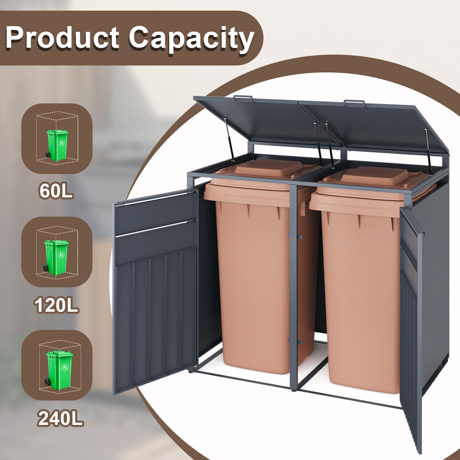 OMERAI Double Wheelie Bin Storage for 60-240 L,Weather-Resistant Outdoor Garden Bin Hideaway with Assisted Lift Lid Easy Use,Powder-Coated Steel Anthracite with Walnut Brown Doors — view 3