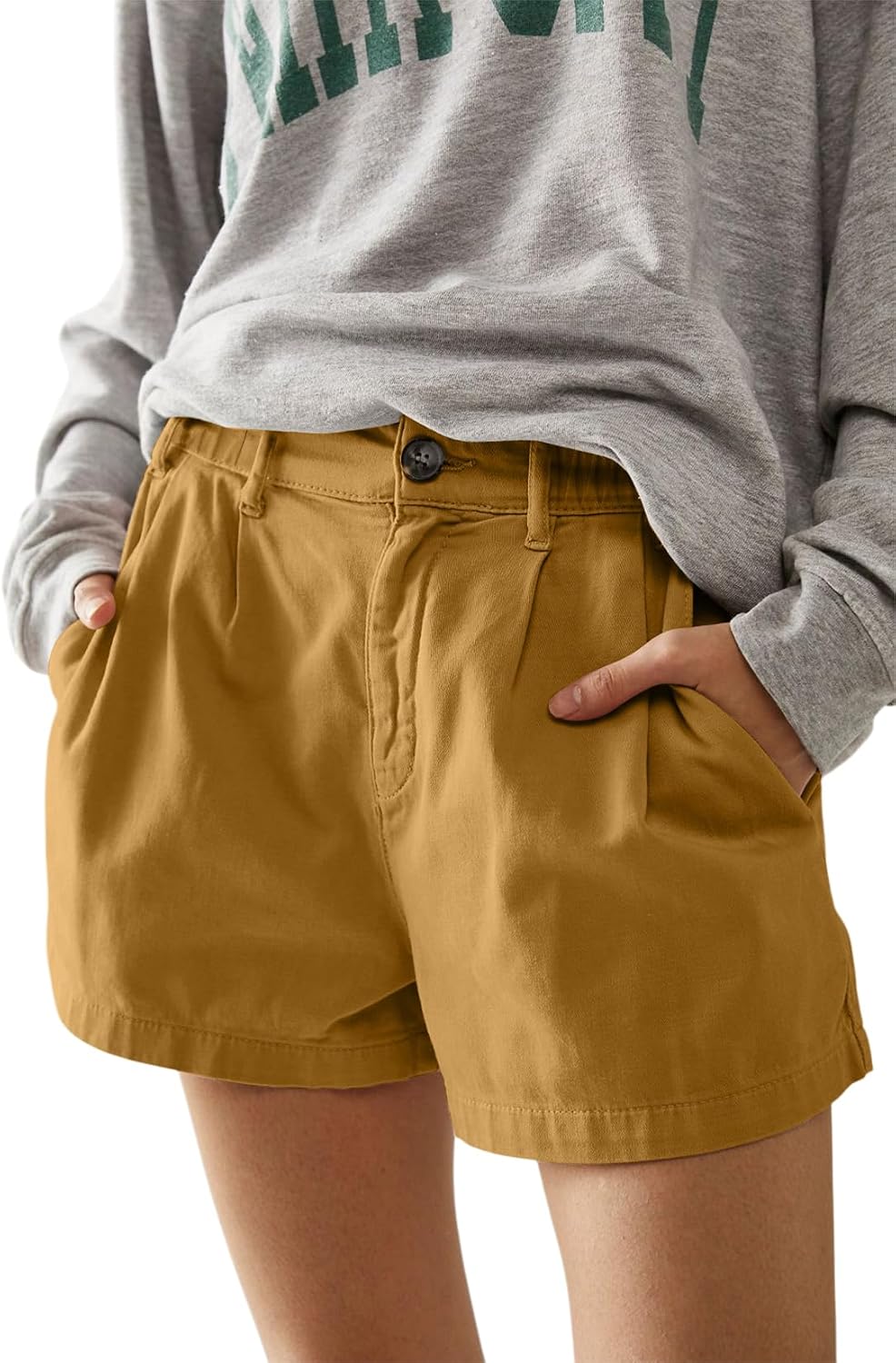 Allimy Womens 2026 Casual Summer Elastic Waist High Waist Pleated Button Zipped Shorts Wide Leg Trousers with Pockets
