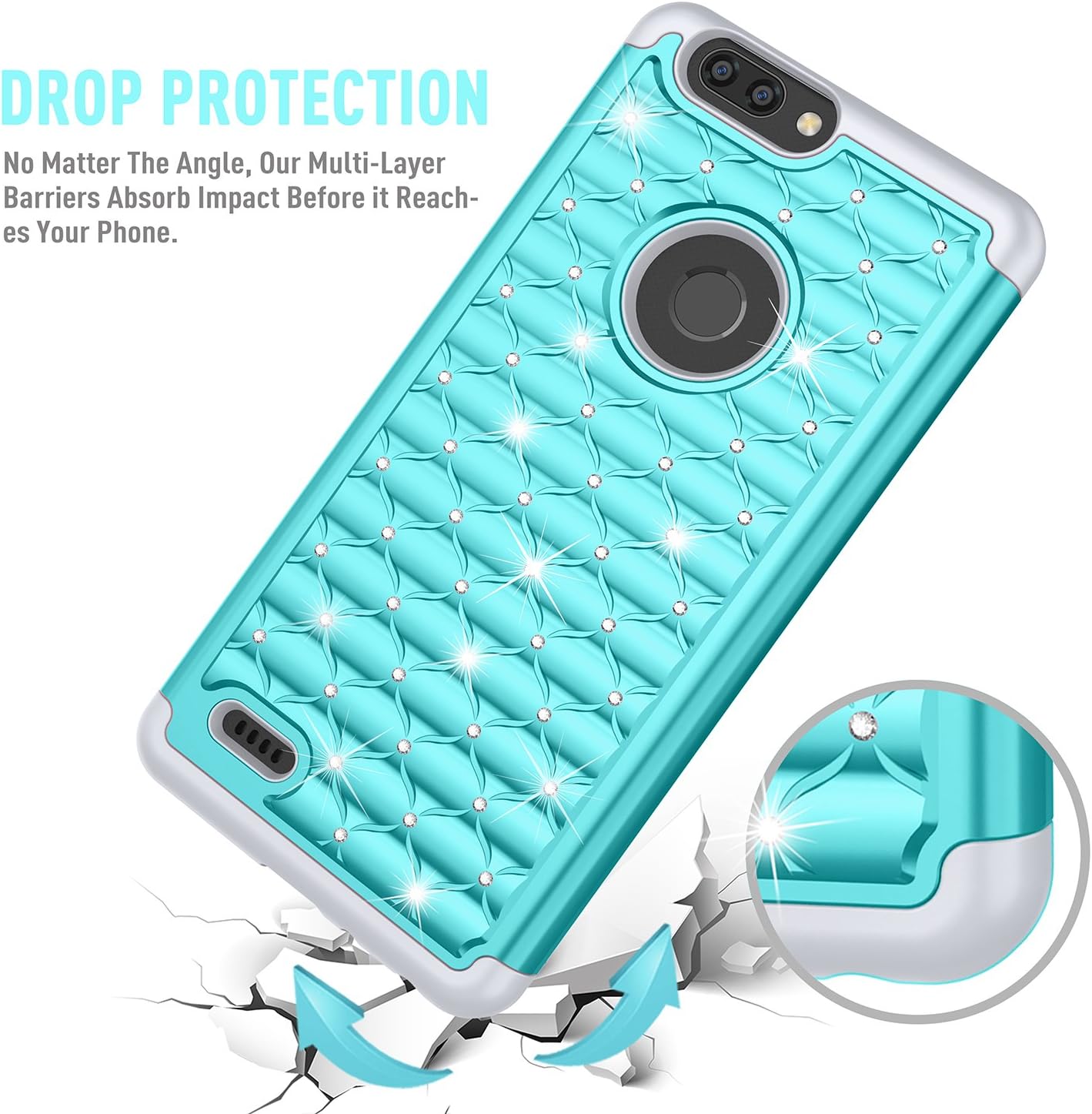 TILL for ZTE Blade Z Max Case, ZTE Zmax Pro 2 /ZTE Sequoia Studded Rhinestone Crystal Bling Diamond Sparkly Luxury Shock Absorbing Hybrid Defender Rugged Glitter Case Cover for Girls [Turquoise]