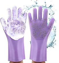 Silicone Magic Hand Gloves for Dish Washing Kitchen Bathroom Car Bike Dog Cleaning Pet Grooming Glove with Scrubbing Bristles (Pack of 1 Pair, Multicolour) (Purple Multicolor)