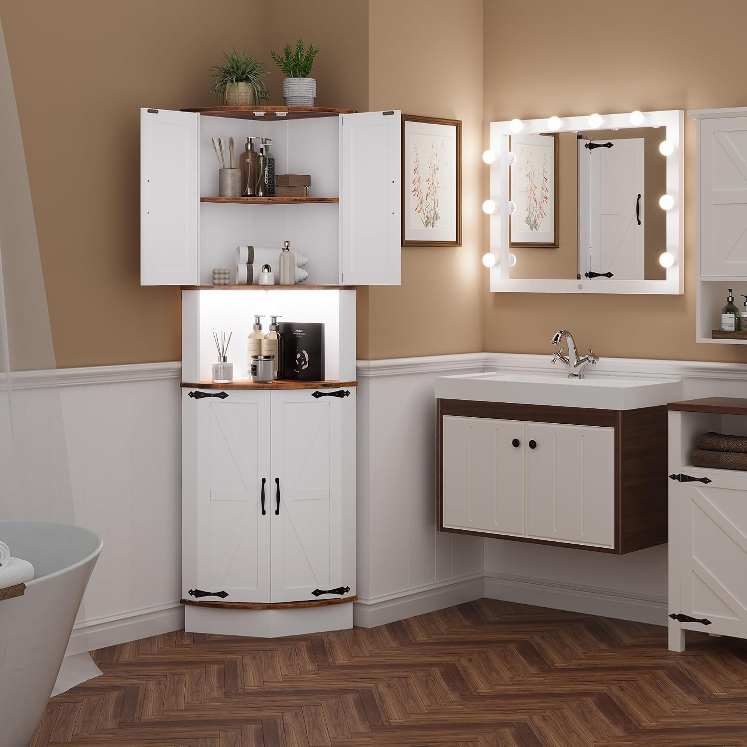GarveeLife 64.6" Farmhouse Corner Bar Cabinet with LED Lights, Tall Freestanding Storage Liquor Cabinet with 4 Barn Doors, 5-Tier Shelves, USB Ports & Outlets, Corner Cabinet for Living Room, Kitchen