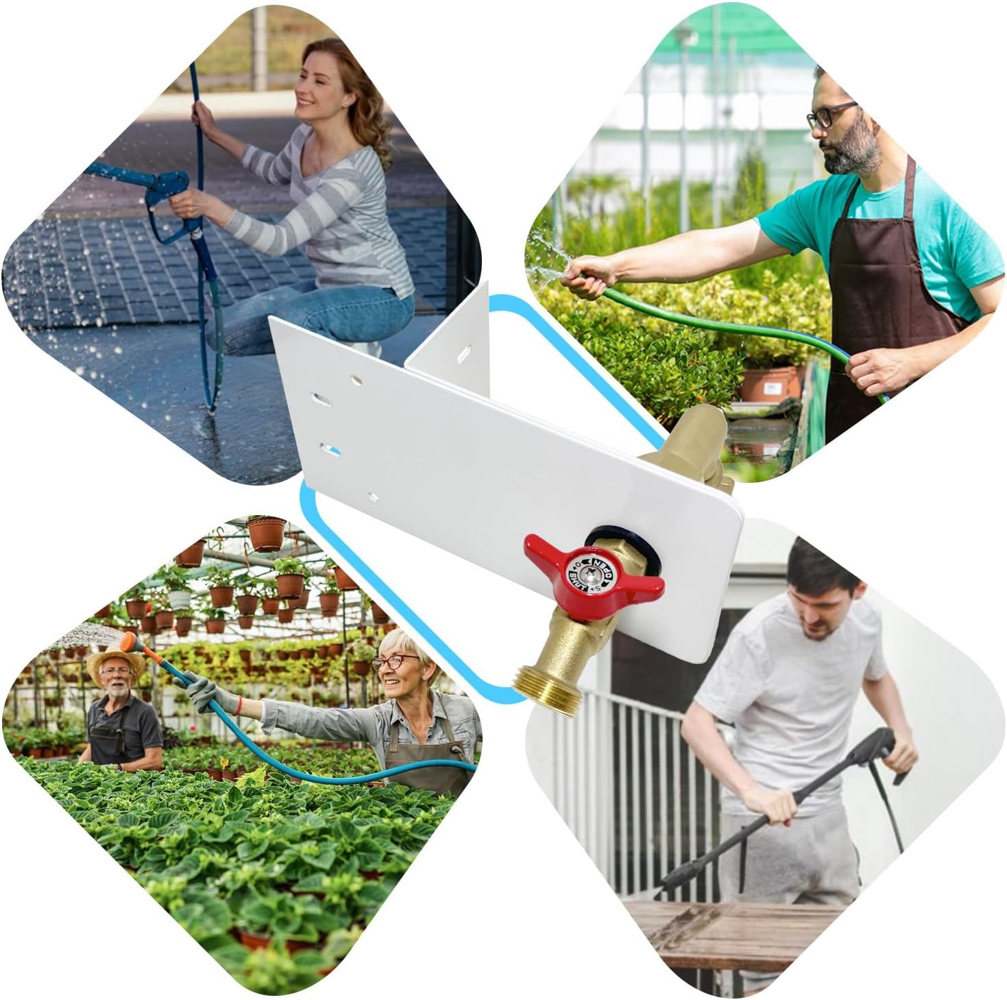 Garden hose faucets, backyard hose holders, outdoor balcony Hose Bibb Valve, faucet screen clamping bases, faucet holders for laying a hose in a lanai or any screened window(WHITE)