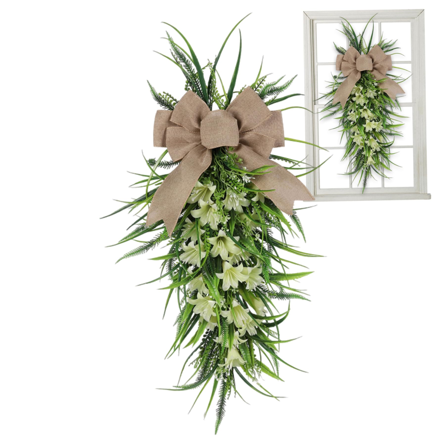 Couronne de Pâques lys blanc et feuillage vert pour décoration de jardin