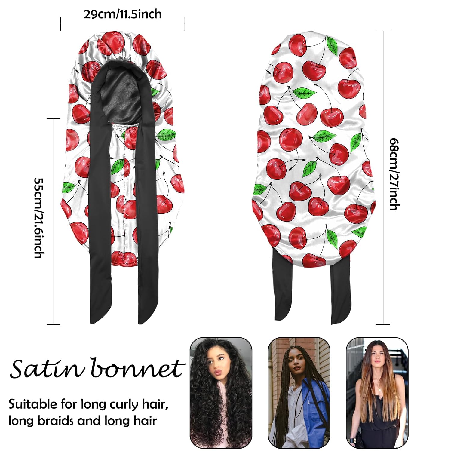 Silk Long Satin Hair Braid Bonnet for Sleeping Adjustable Double Layer Elastic Reusable Long Hair Caps Cute Aesthetic for Women Girls-Cherry image 2