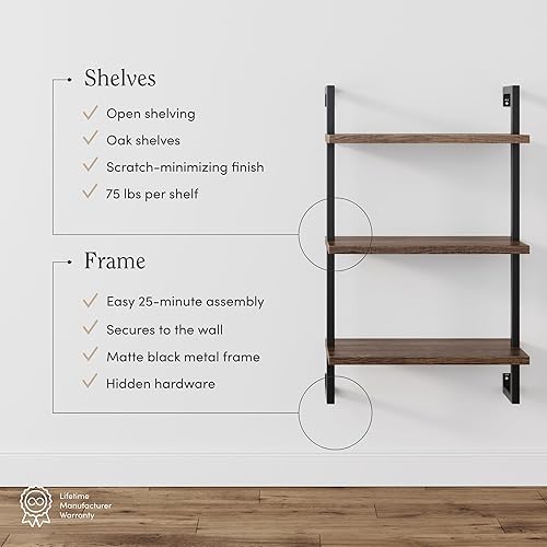 Vista 49 de Nathan James Theo 4-Shelf Bookcase, Floating Wall Mount Shelves with Natural Wood and Industrial Pipe Metal Frame, Nutmeg/Black