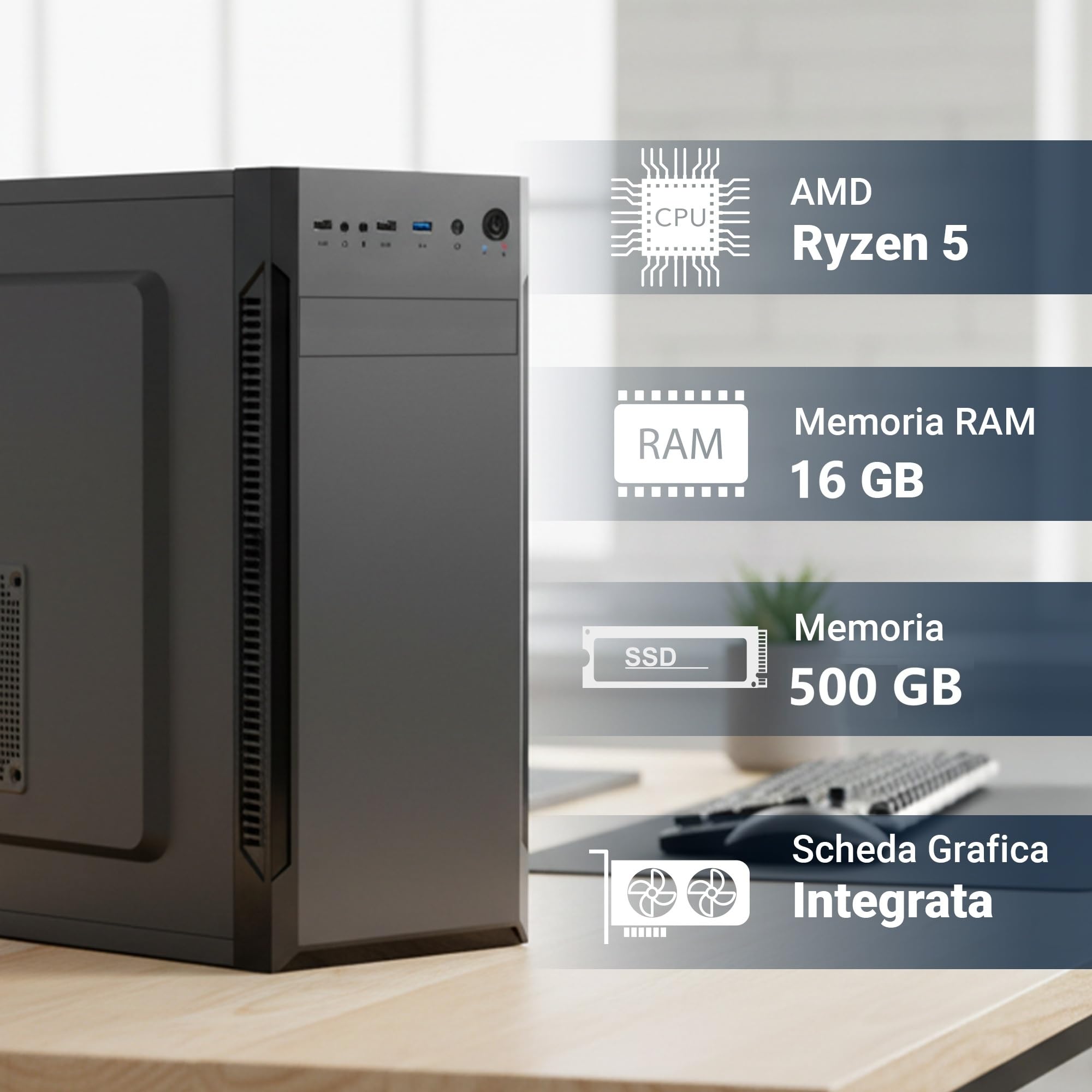 PC Fisso Completo - Computer Desktop AMD Ryzen 5 3400G • RAM 16GB DDR4 • SSD 500GB M.2 • Grafica Radeon Vega 11 • Wi-Fi AC e Bluetooth • Masterizzatore DVD • HDMI • USB 3.0 • Windows 11 Pro