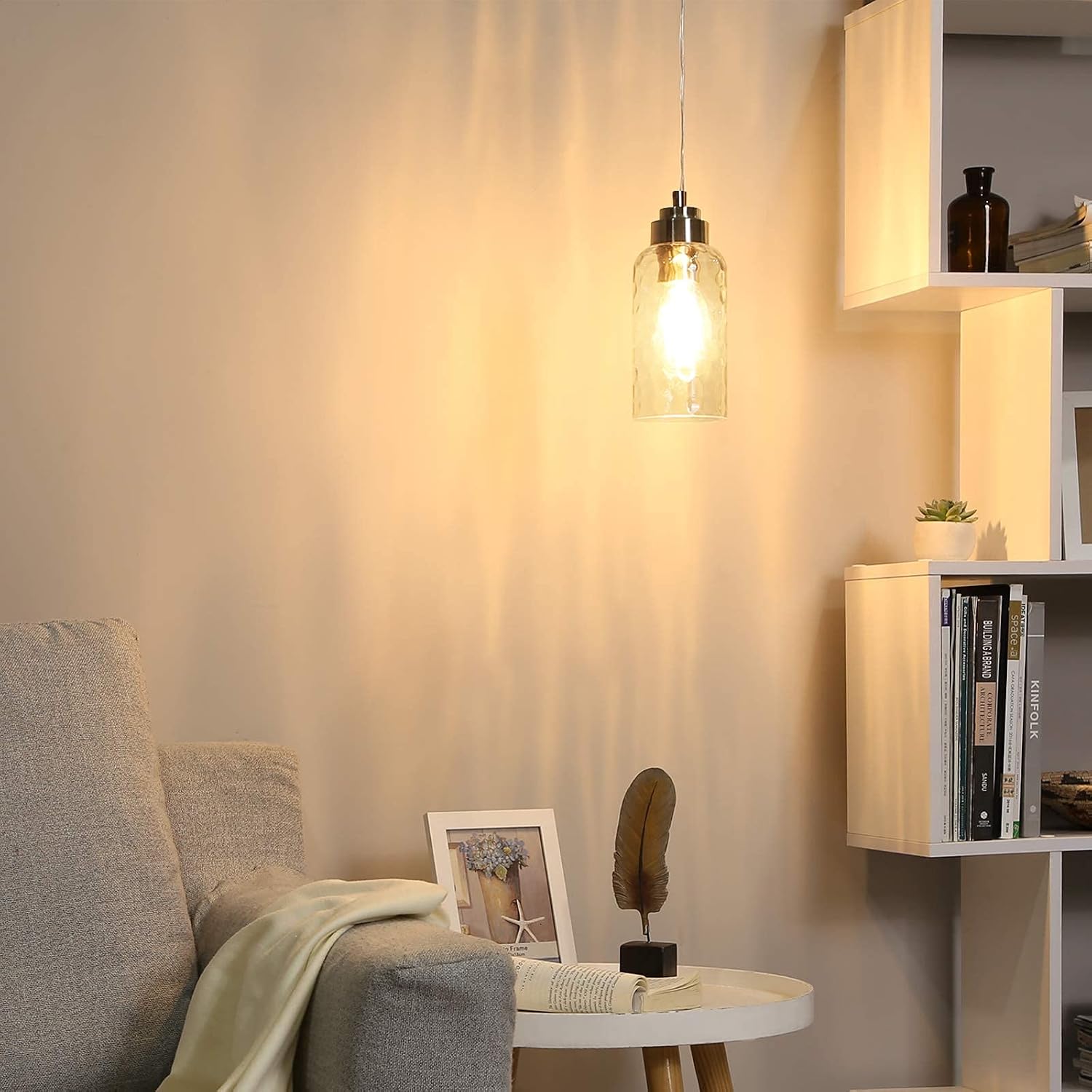 DEWENWILS Plug in Pendant Light, Hanging Light Fixture with 15FT Brushed Nickel Cord, Water Ripple Glass Shade, Hanging Pendant Light for Living Room, Bedroom, Dining Hall, On/Off Switch, ETL Listed