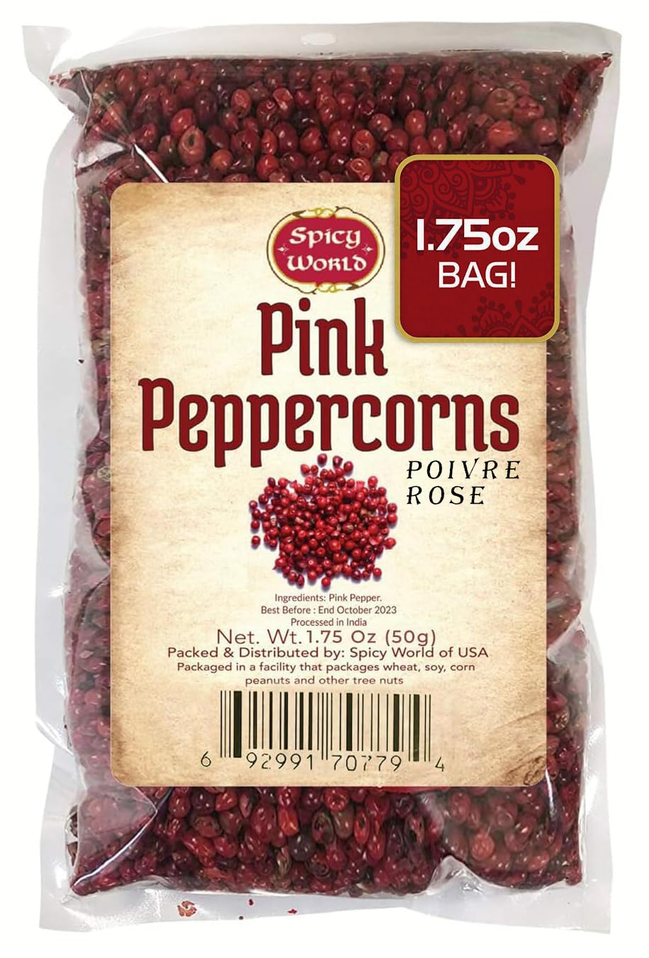 Spicy World Pink Peppercorns Whole 1.75Oz Bag - Steam Sterilized, Vegan, Premium Quality Whole Peppercorns