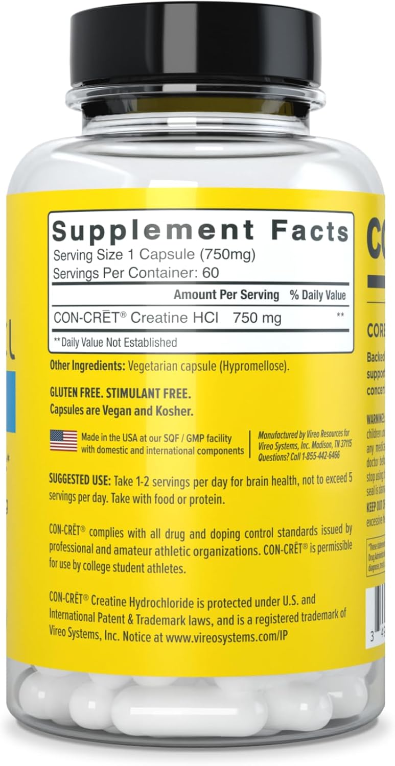 CON-CRET Creatine HCl for Brain Health Capsules – Clinically Tested Support for Memory, Focus, Concentration, Problem-Solving, Clarity, and Mood.* | Made in USA (60 Day Supply)