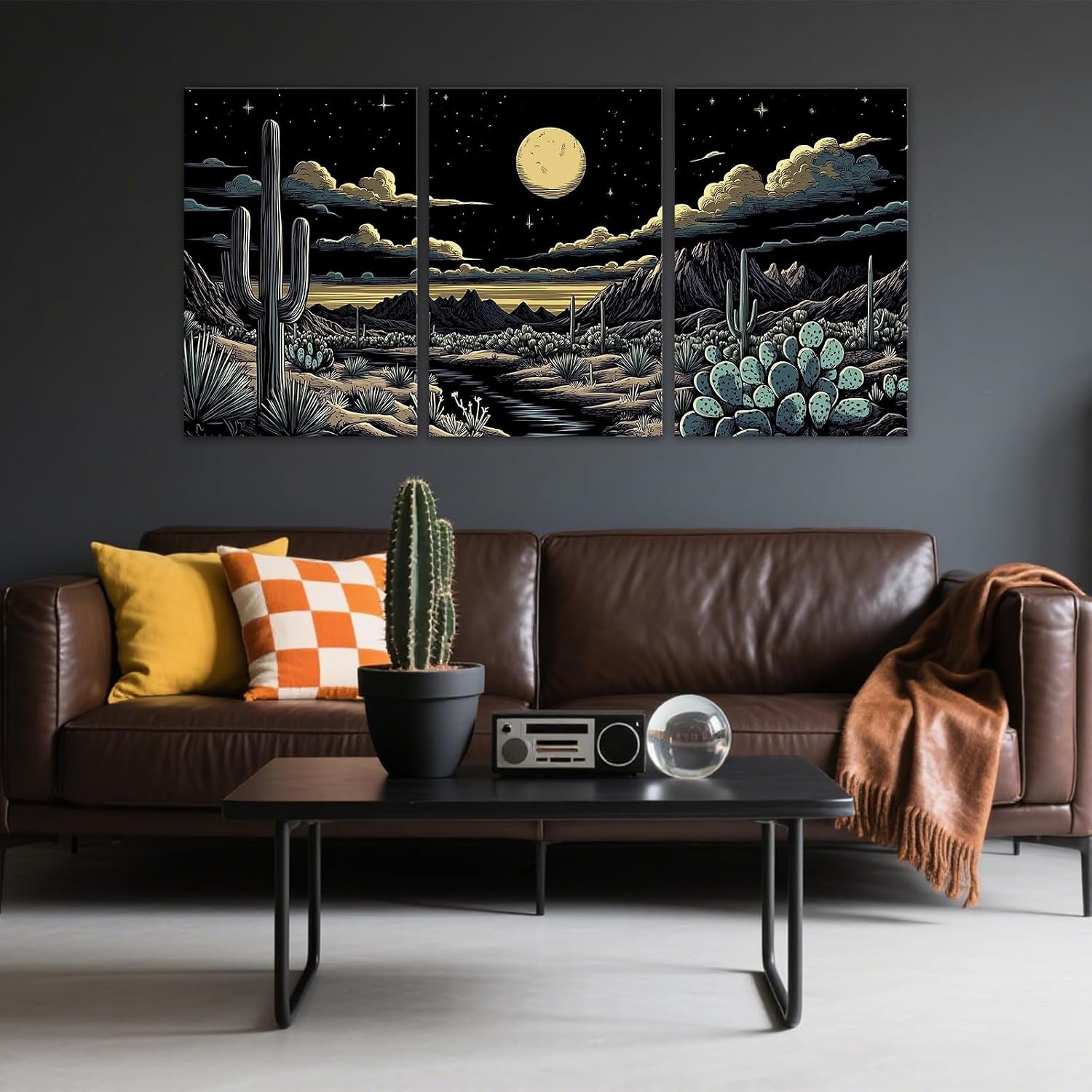 GLOKAKA Desert Night Sky Wall Art Set 3 Panel Western Landscape Canvas Print for Living Room Boho Home Decor(Artwork-1,20"x28"x3pcs)