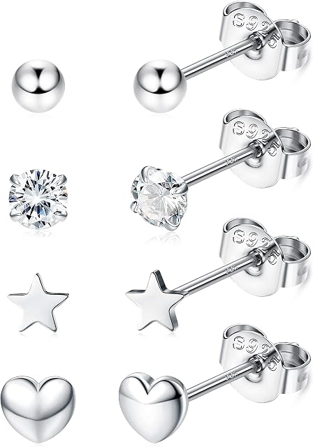 JeweBella 925 Sterling Sliver Tiny/Small Stud Earrings Set for Women Girls Cubic Zirconia Earrings Cartilage Helix Ear Piercing Star Ball Heart Earrings