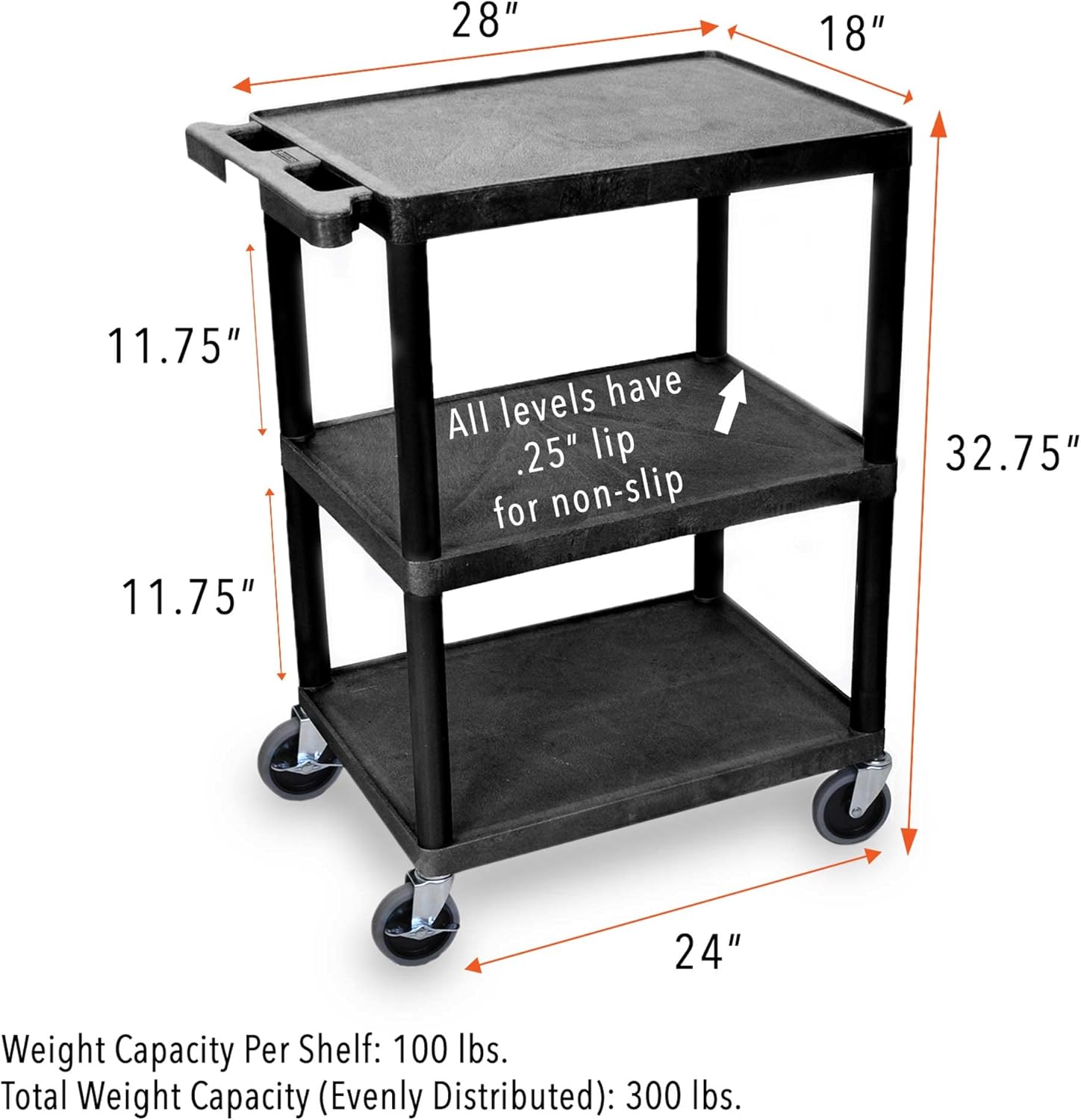 Stand Steady Tubstr 3 Flat Shelf Printer Cart, Compact and Heavy-Duty Utility Storage - Supports up to 300 lbs, Great for Home, Office, Warehouse, 28 x 18 in Tool Table, Moves Cargo Easily (Black)