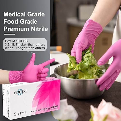 Miniatura 7 de FINITEX Guantes desechables de nitrilo rosa sin látex, 3.5 mil, 100 unidades, sin polvo, sin látex, para limpieza, examen médico, para alimentos