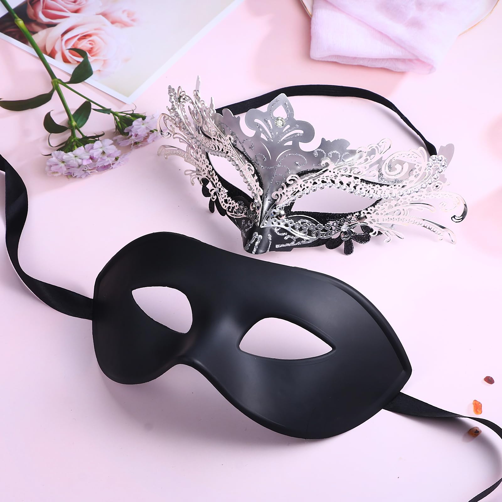Oidea Masquerade Mask for Couples: Shiny Rhinestones Filigree Metal Venetian Mardi Gras Mask for Women Men Party Prom Ball Masks Silver - Image 4