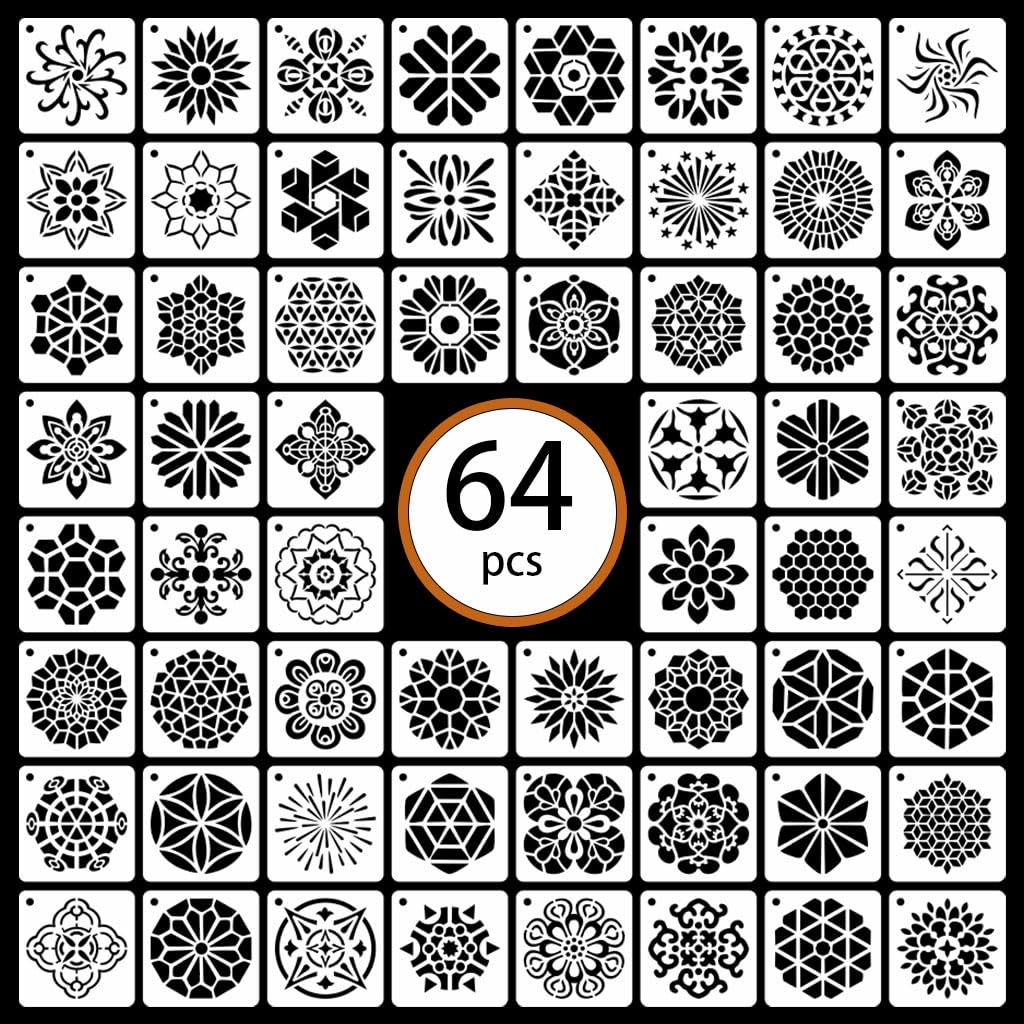 Felixcraft Stencils for Painting, 64pcs 3x3in Reusable Stencils for Painting on Wood Wall Rock and Other Home Decor Small Stencils DIY Craft Template (Mandala)