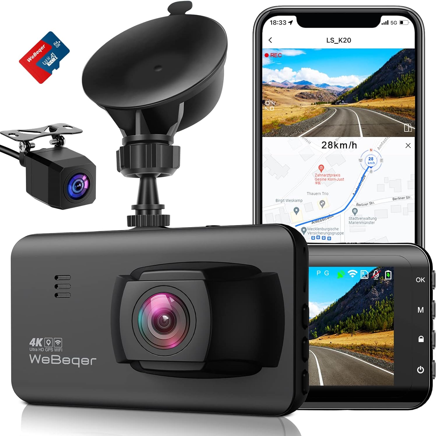 WeBeqer APP Dashcam Auto,Dual Autokamera Mit WiFi GPS,4K Vorne 1080P ...