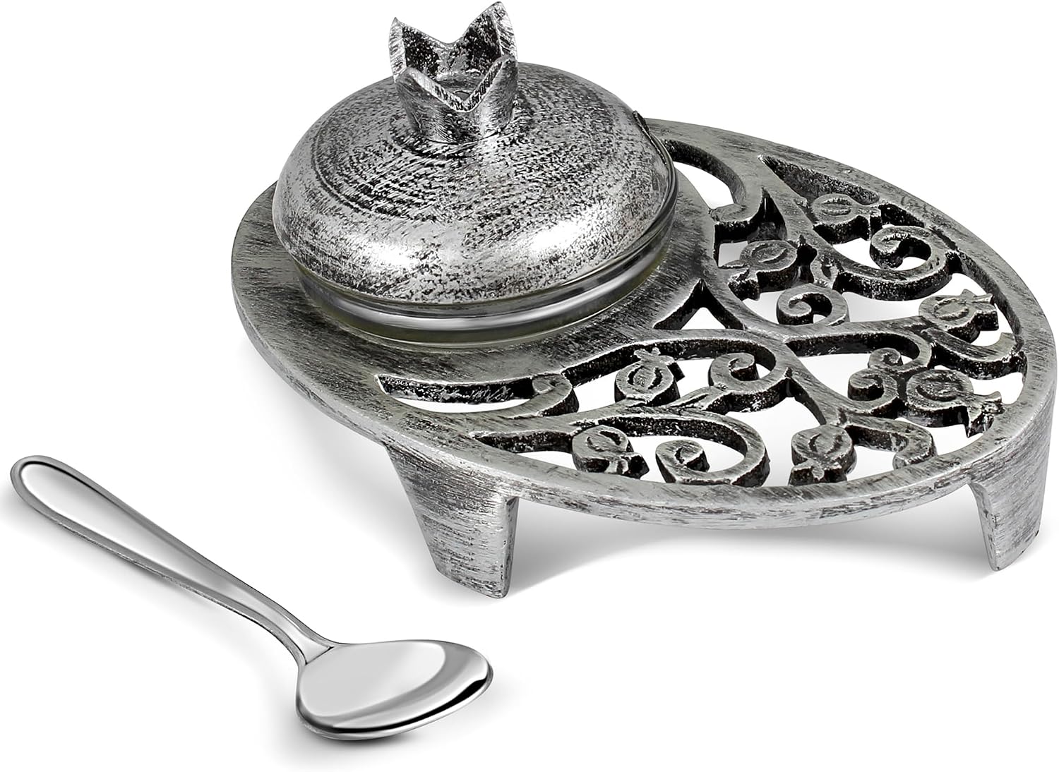Zion Judaica Rosh Hashanah Honey Bowl Antique Silver and Glass Bowl 4 Piece Pomegranate Honey Plate for Jewish New Year High Holiday Judaica Gift Shana Tovah Honey Dish Passover Seder Charoset Dish image 4