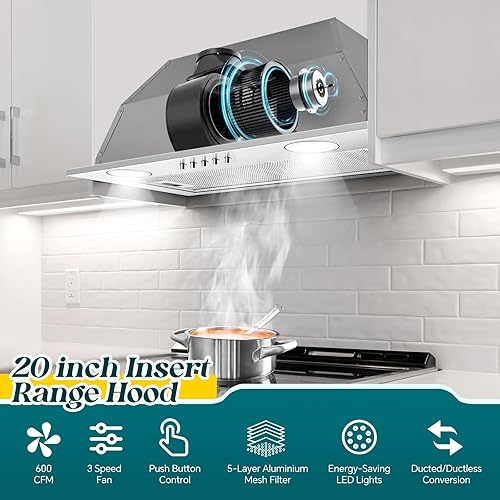 Miniatura 4 de Campana extractora de 20 pulgadas, campana de cocina integrada de 600 CFM, campana de estufa convertible sin conductos con filtro deflector de acero