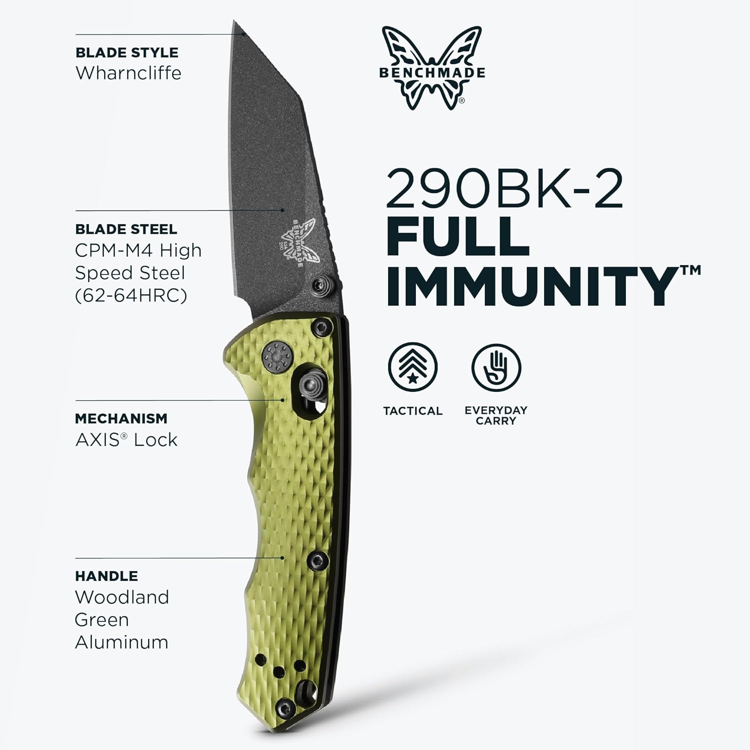 Benchmade - Full Immunity Tactical, Every Day Knife, Wharncliffe Blade with Woodland Green Aluminum Handle (290BK-2)