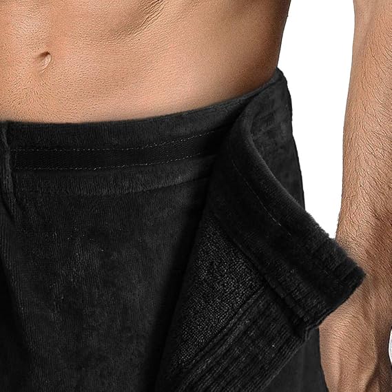 Turkish Cotton Terry Velour Adjustable Body Wrap Towel for Men (Black, One Size)