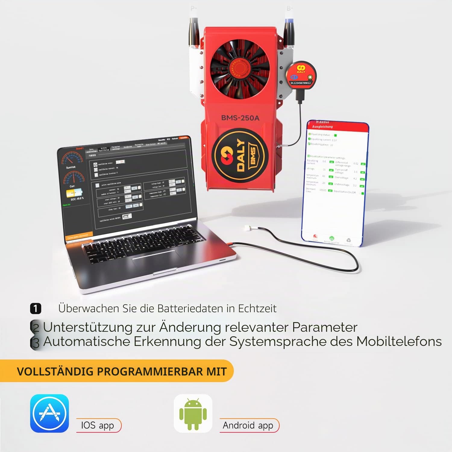 DALY Smart BMS LiFePo4 16S 48V 250A mit Lüfter, mit App zur Überwachung sichtbarer Daten, Bluetooth-Modul, UART-Kommunikation für die Verwaltung von 3,2-V-Lithiumbatterien