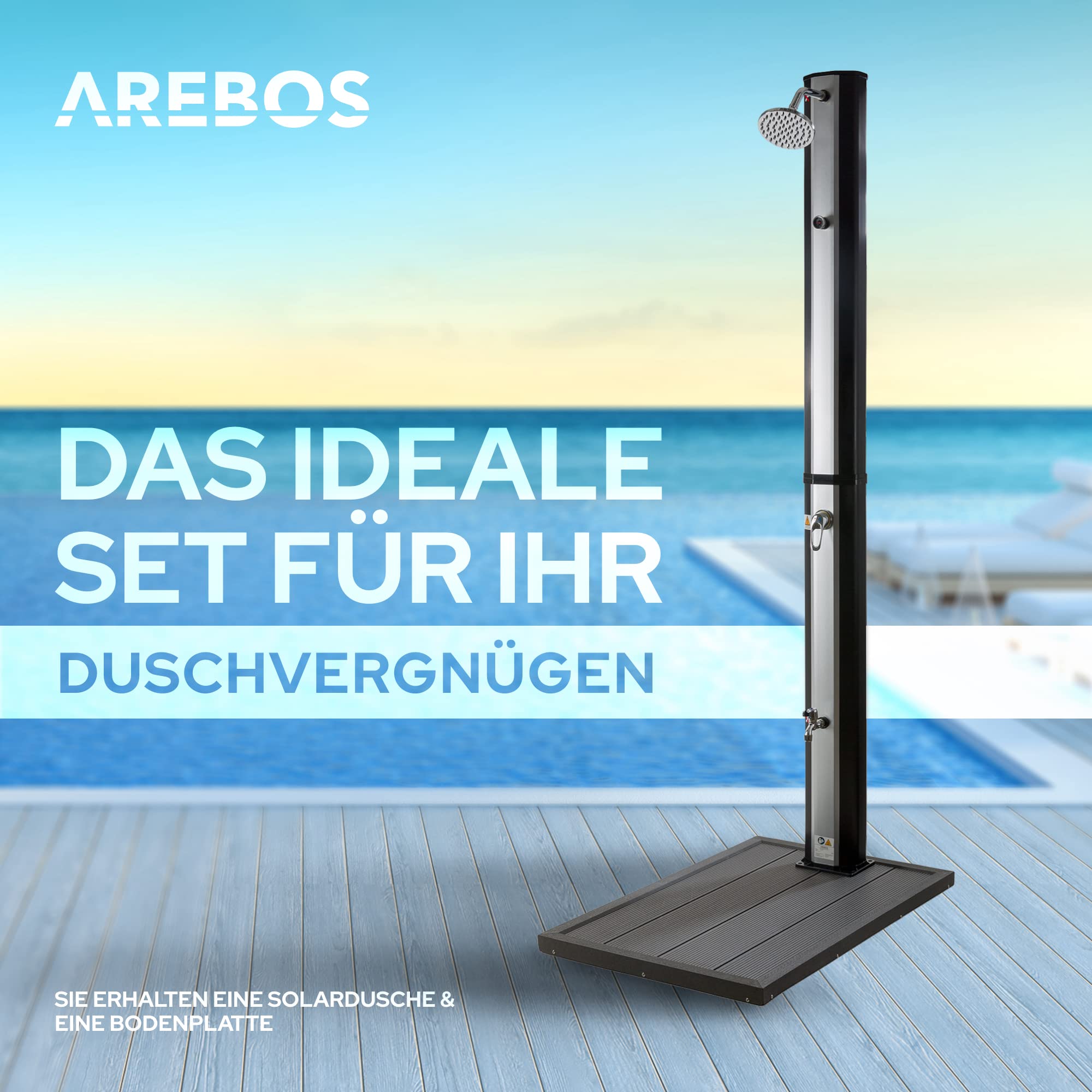 Arebos Solardusche 35L & Bodenelement Schwarz | inklusive Abdeckhaube | mit integriertem Thermometer & Fußdusche | mit Gartenschlauch-Anschluss | Wassertemperatur bis 60°C | Silber-Schwarz