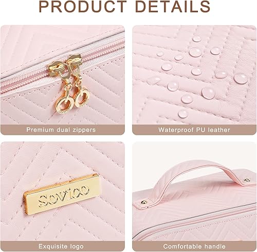 Miniatura 4 de Bolsa de maquillaje de viaje con diseño abierto plano de 180, bolsa grande para cosméticos para mujeres, bolsa de maquillaje impermeable de piel