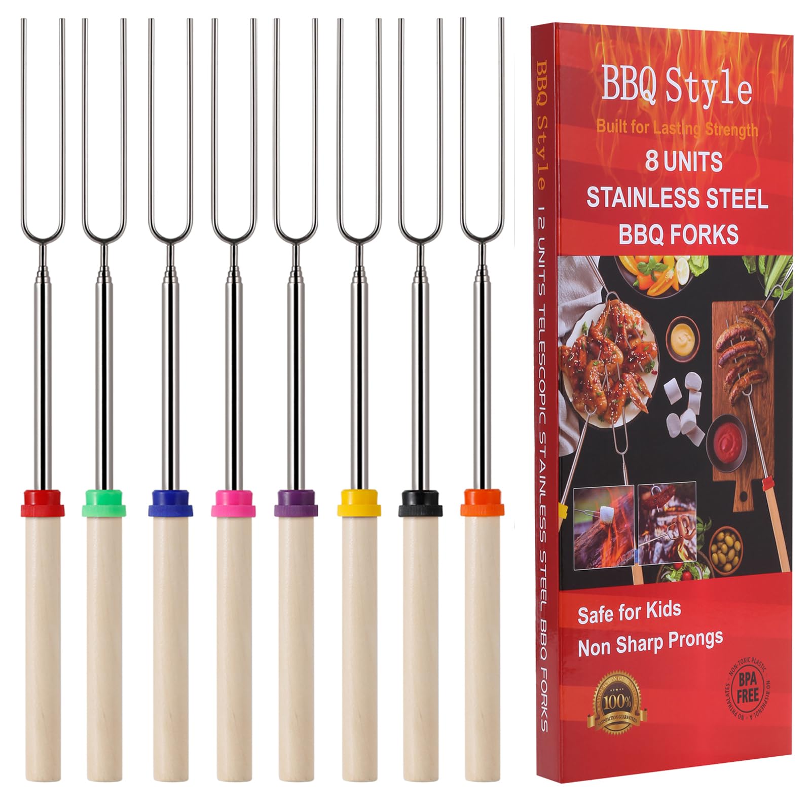 8 PCS Marshmallow Toasting Forks, Extendable Smores Sticks for Fire Pit