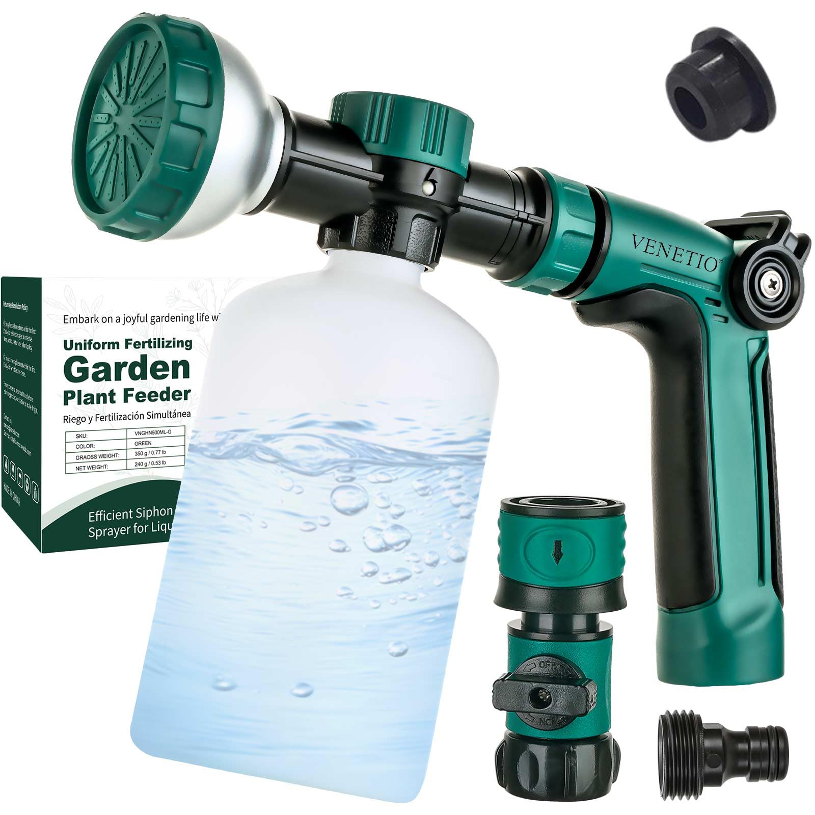 VENETIO 8-Dial Lawn & Garden Feeder Pro with Quick Connect Fittings and 16oz Bottle for Uniform Fertilizing & Watering Plants | Precision Liquid Fertilizer Sprayer | Hose Spray Nozzle for Dog Shampoo
