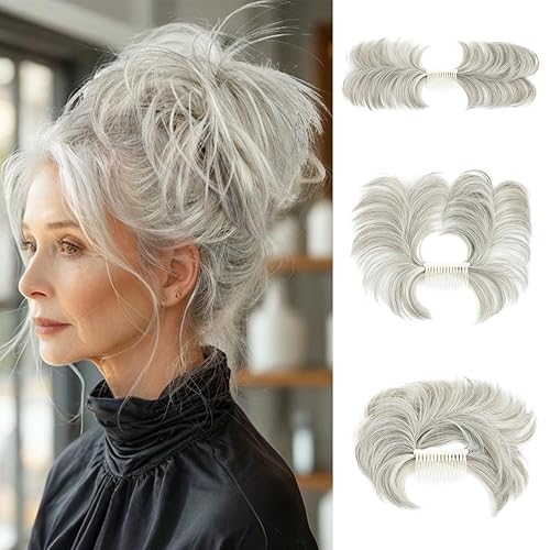 Miniatura 9 de Pieza de pelo de moño desordenado con peine lateral para mujer, clip en el moño de pelo para mujer, pelo corto natural liso, estilos ajustables Sal