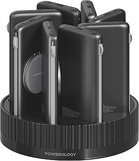 Powerology 8x10000mAh Power Bank Station, Compatible with MagSafe With Dual USB-C + Dual USB-A Output Ports, Built-In Type C & Lightning Cables, PD20W, All-in-One Rapid Recharging Station - Black