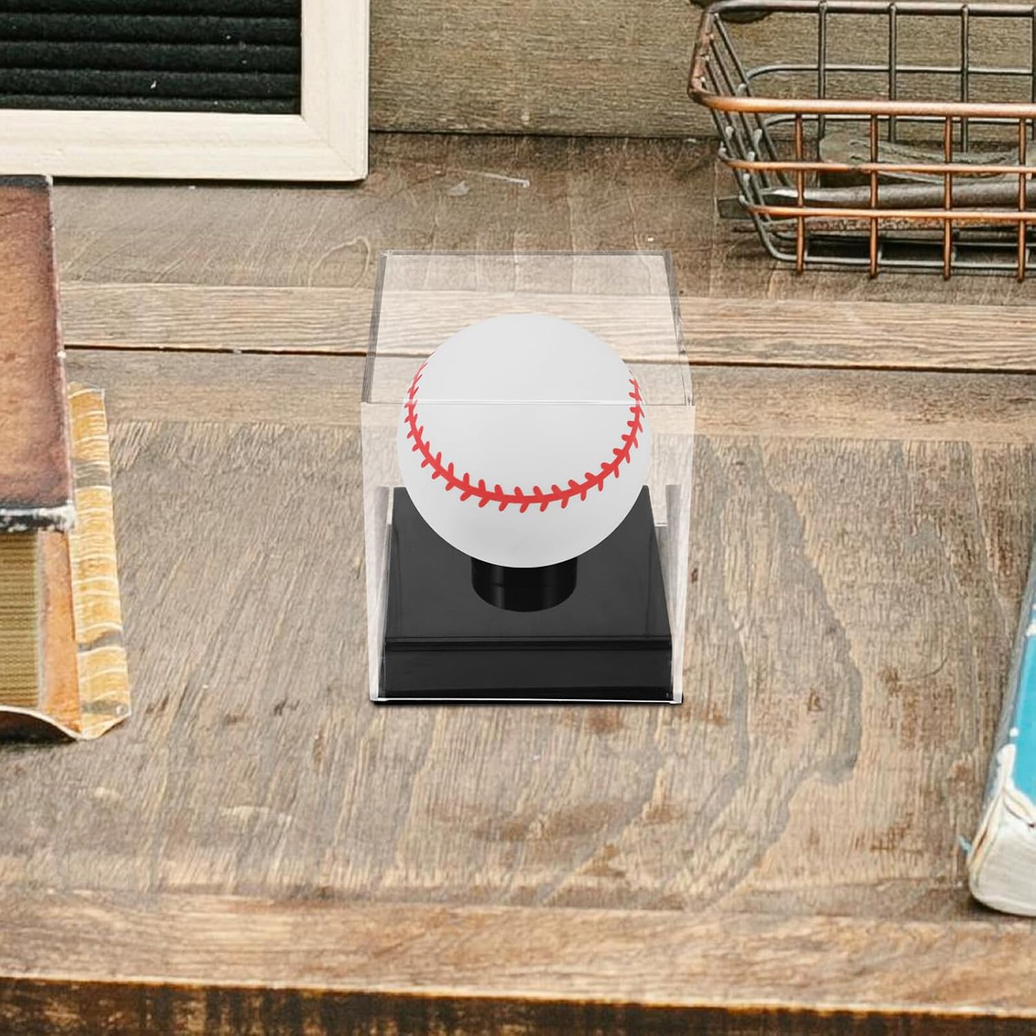 2pcs Acrylic Baseball Display Cases with Black Base, Sports Memorabilia Holders, Single Ball Protector Cubes for Collectors and Autographed Ball Storage