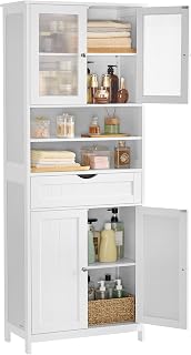 VASAGLE Storage Cabinet, Freestanding Bathroom Storage Unit with Adjustable Shelves, Drawer, Open Compartments, for Bathroom, Living Room, Kitchen, Cloud White UBBC768W01