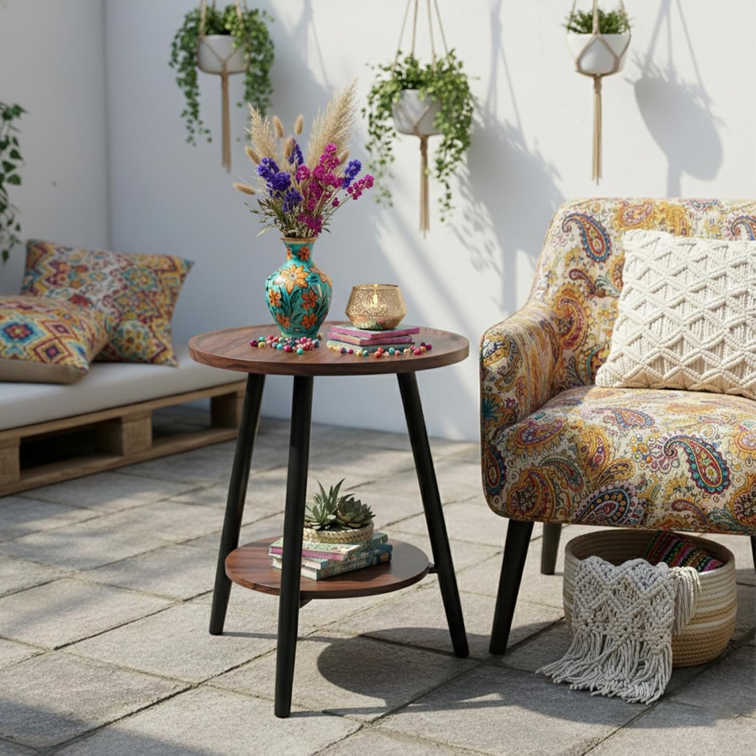 ShellKingdom Small Round Side Table, 2 Tier Wood End Table for Indoor Outdoor Bedroom Living Room Home Office Nightstand with Metal Frame (Walnut)