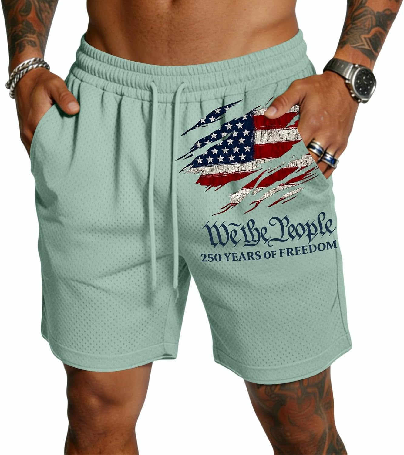 Ymosrh Men's USA Shorts We The People 250 Years Lightweight Summer Beach Workout Shorts with Pockets S-3XL