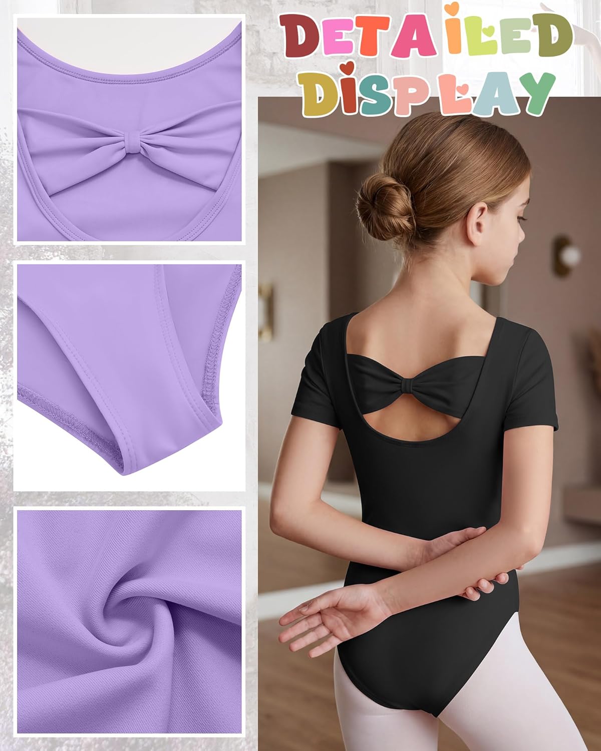 3 Pack Girls Ballet Leotard Short Sleeve Toddler Dance Leotard Dresses Kids Slim Gymnastics Outfits with Bow Back