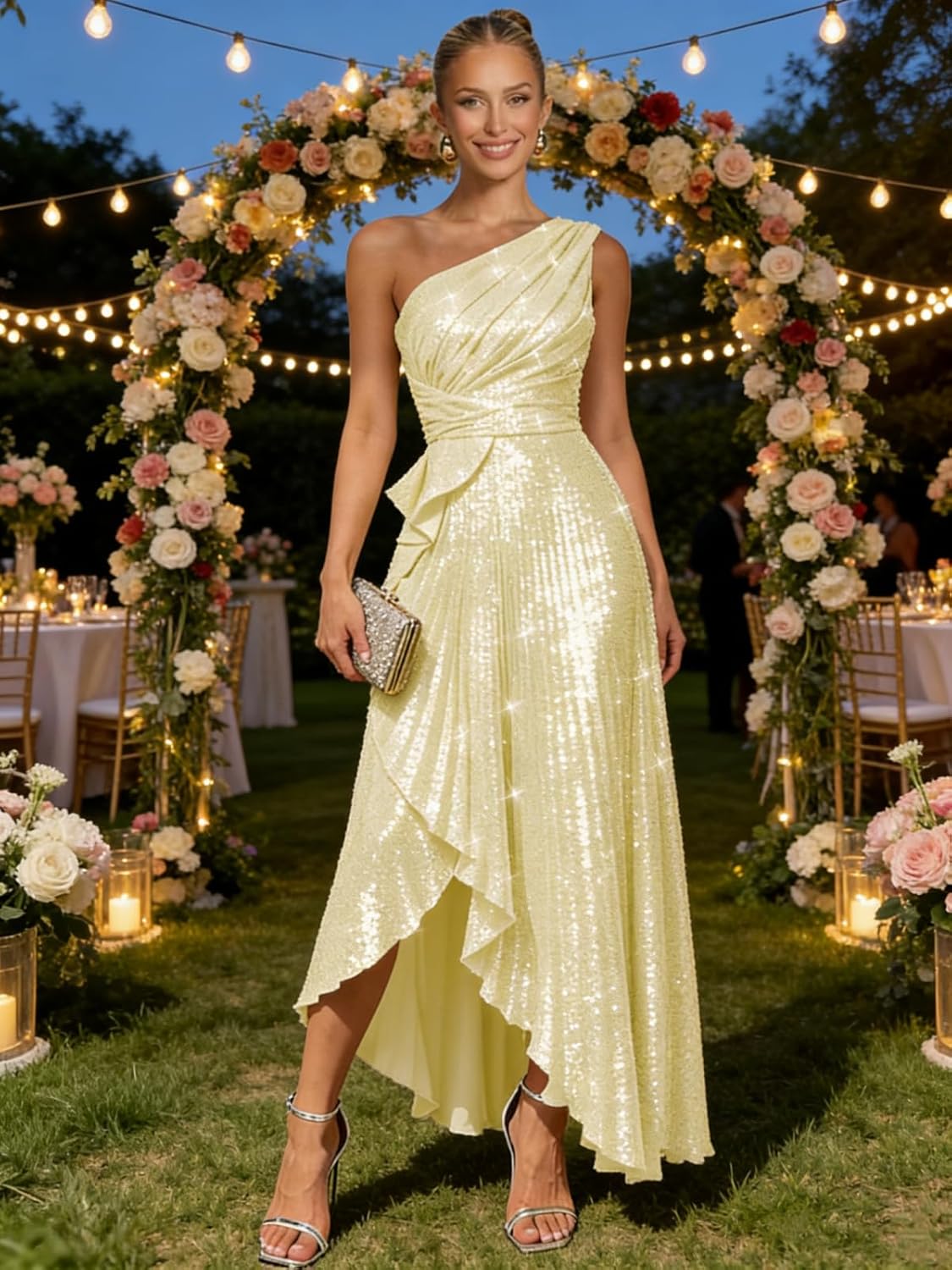 Sequins One Shoulder Prom Dresses with Sparkly Ruffle Pleats Hi-Lo Backless Slit Formal Evening Gowns HA020