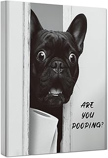 Poecinvi Funny French Bulldog Bathroom Canvas Wall Art, Dog Bathroom Decor, Black and White Frenchie Dog Wall Art Posters for Bath Room Washroom Restroom Decor, 8x10 Framed